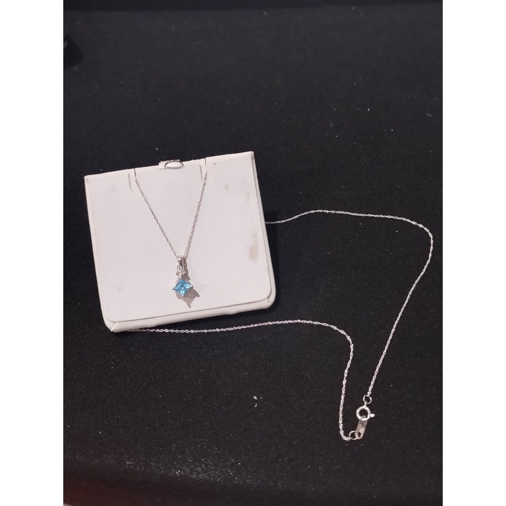 10K White Gold Blue Topaz Diamond Accent Princess Cut Pendant Necklace 18"